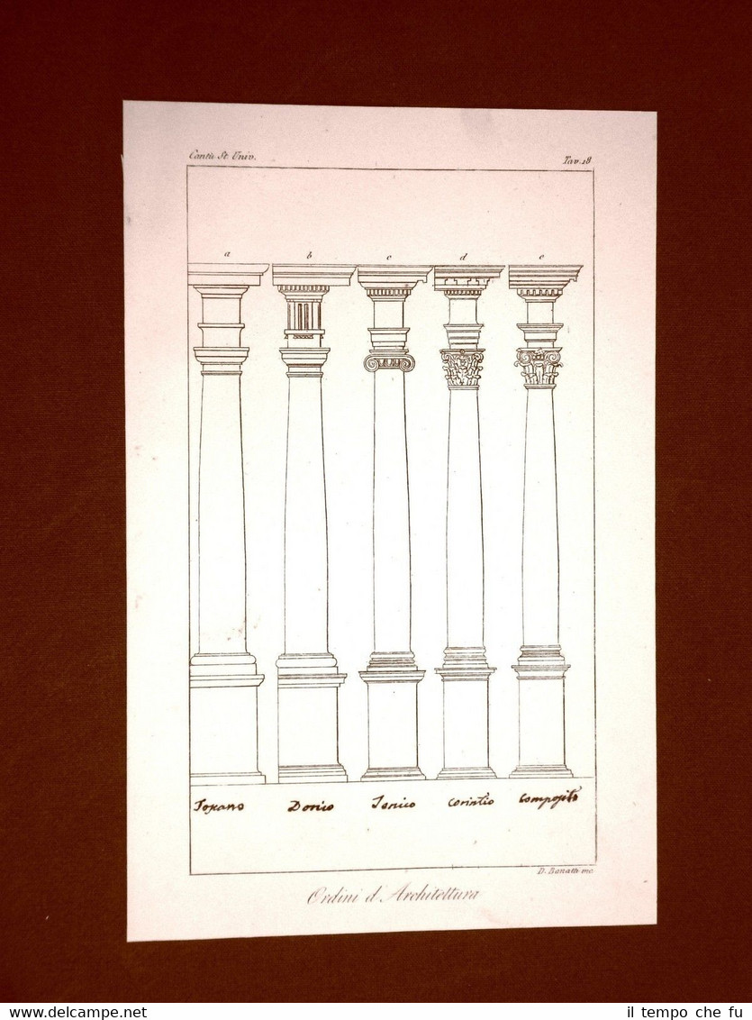 Incisione in rame del 1846 Ordini Toscano Dorico Ionico Corintio …