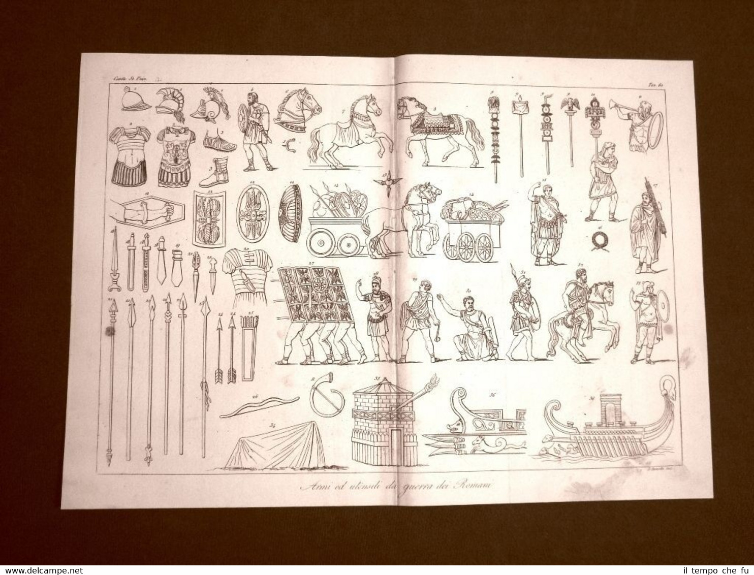 Incisione in rame del 1846 Roma Armi e soldati romani …