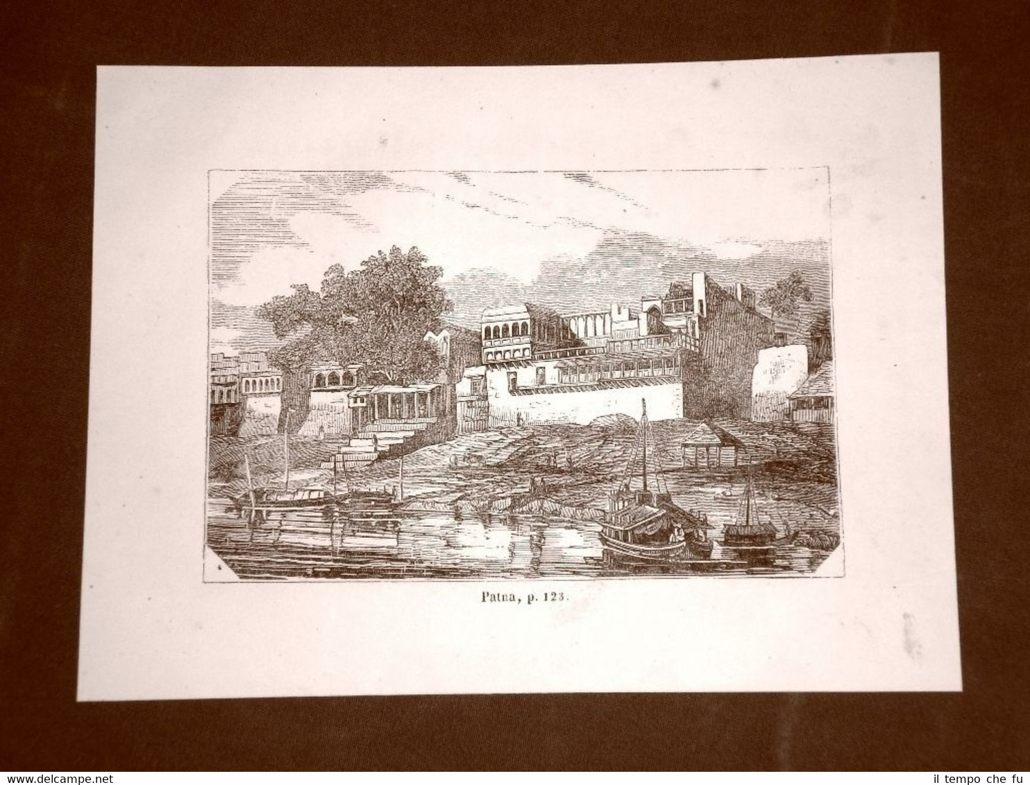 Incisione in rame del 1849 Veduta di Patna, India