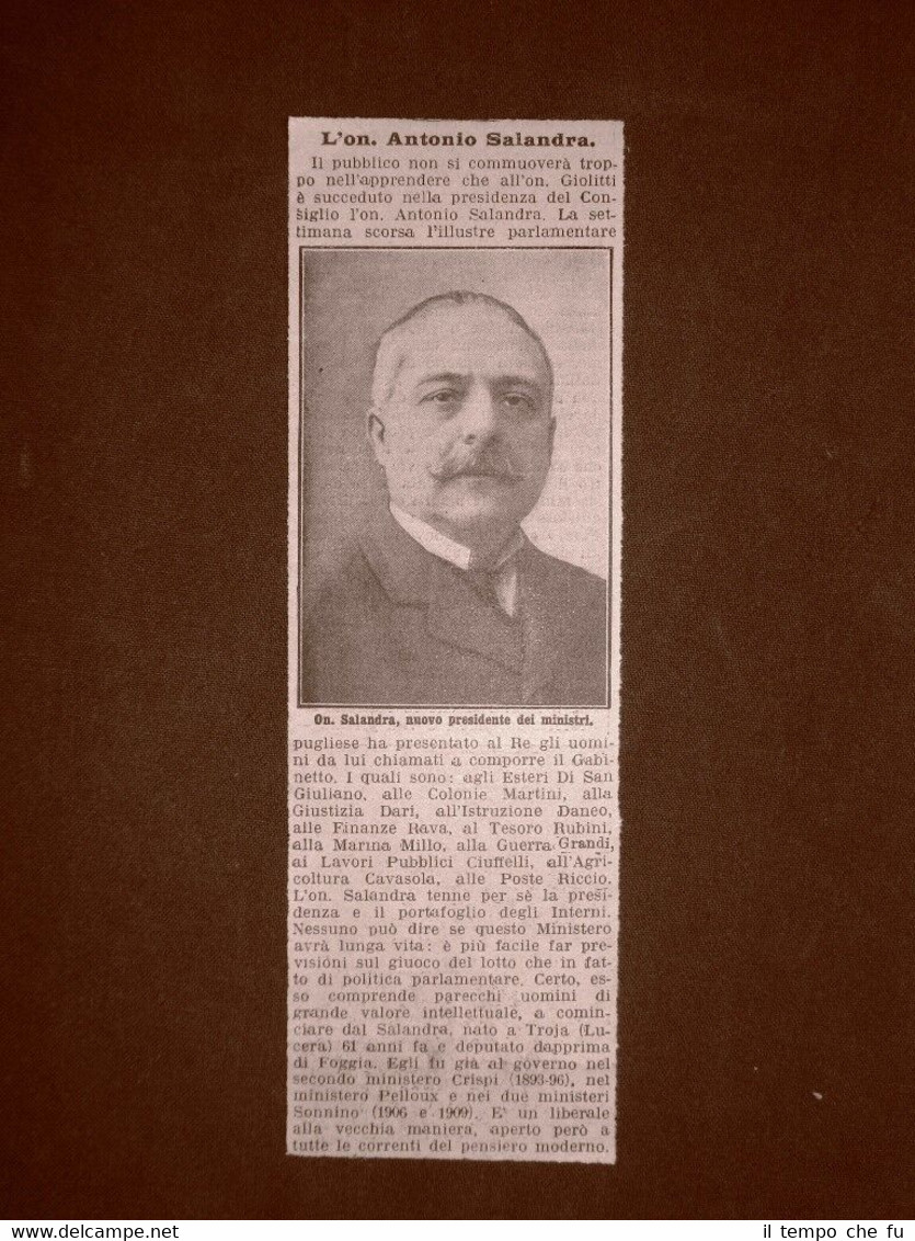 L'Onorevole Antonio Salandra Presidente del Consiglio dei Ministri nel 1914