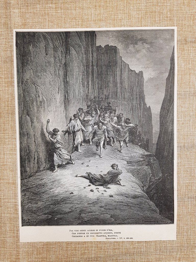 Lapidazione Santo Stefano Divina Commedia Purgatorio Incisione Gustave Doré 1887