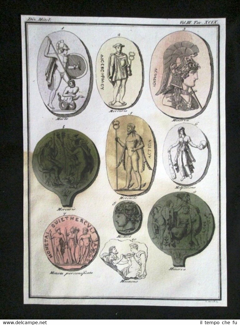 Marte, Mercurio, Macaone Incisione colorata a mano del 1820 Mitologia …