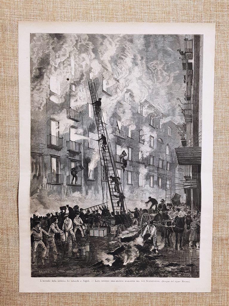 Napoli nel 1880 Incendio della fabbrica dei tabacchi Vico Scopettatori …