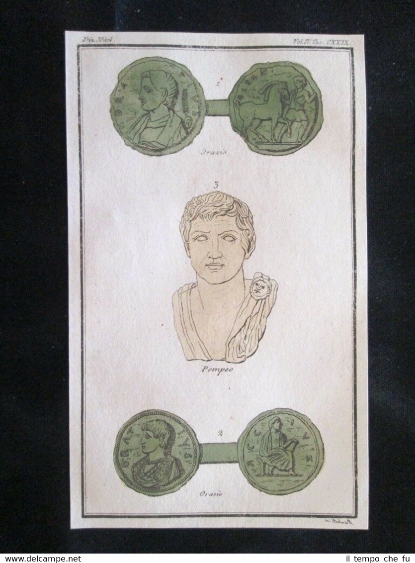 Orazio, Pompeo Incisione colorata a mano del 1820 Mitologia Pozzoli