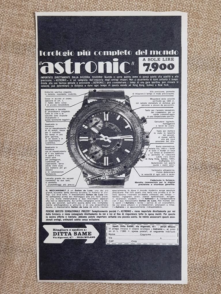 Orologio Astronic Ditta SAME Milano Pubblicità metà '900