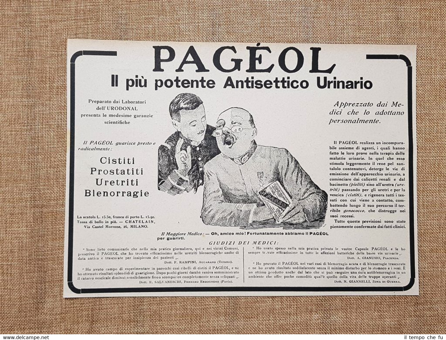 Pageol Antisettico urinario Chatelalin Milano Pubblicità del 1918