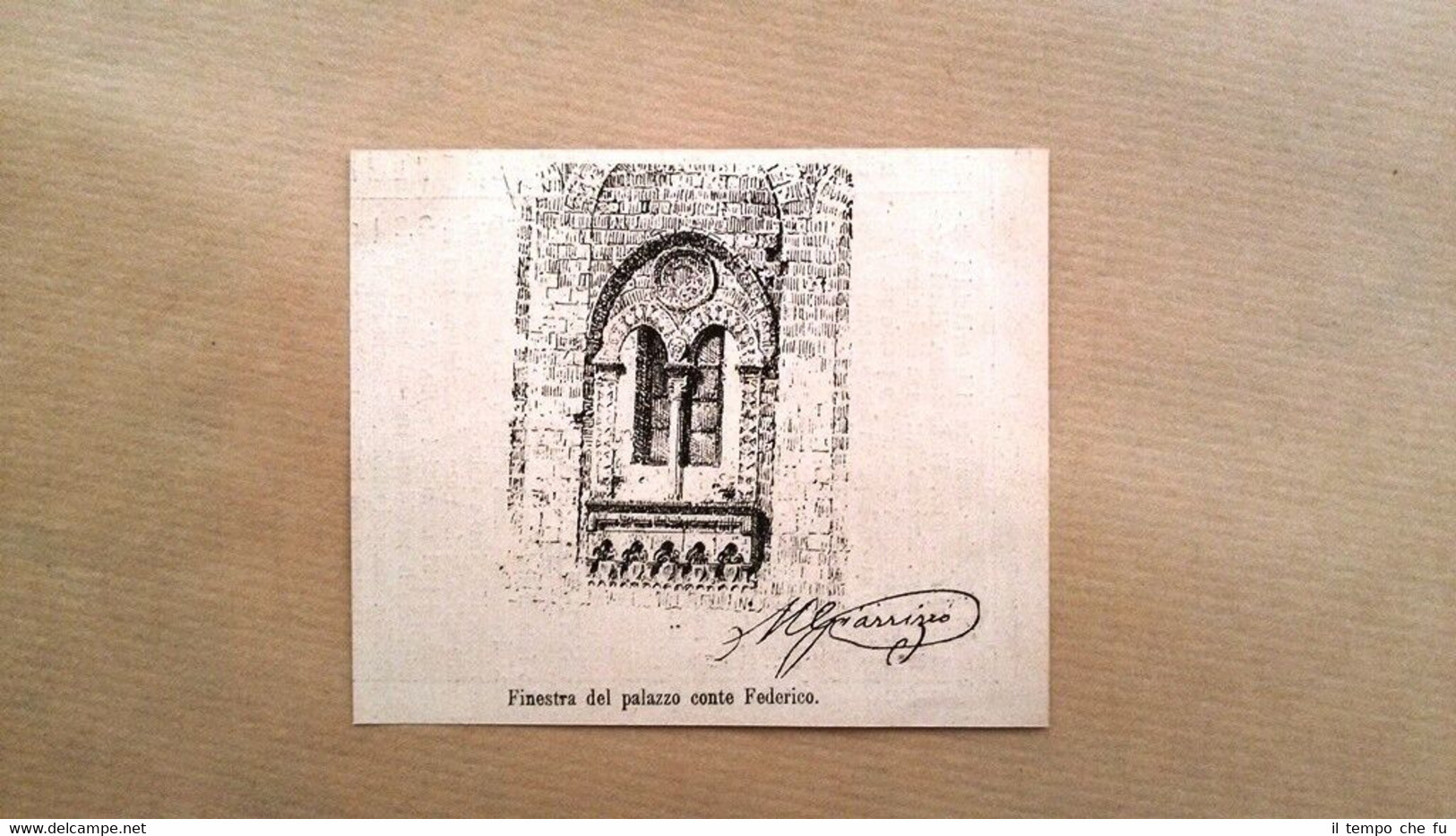 Palermo,disegni di M.Giarizzo:Finestra palazzo Conte Federico Incisione del 1882