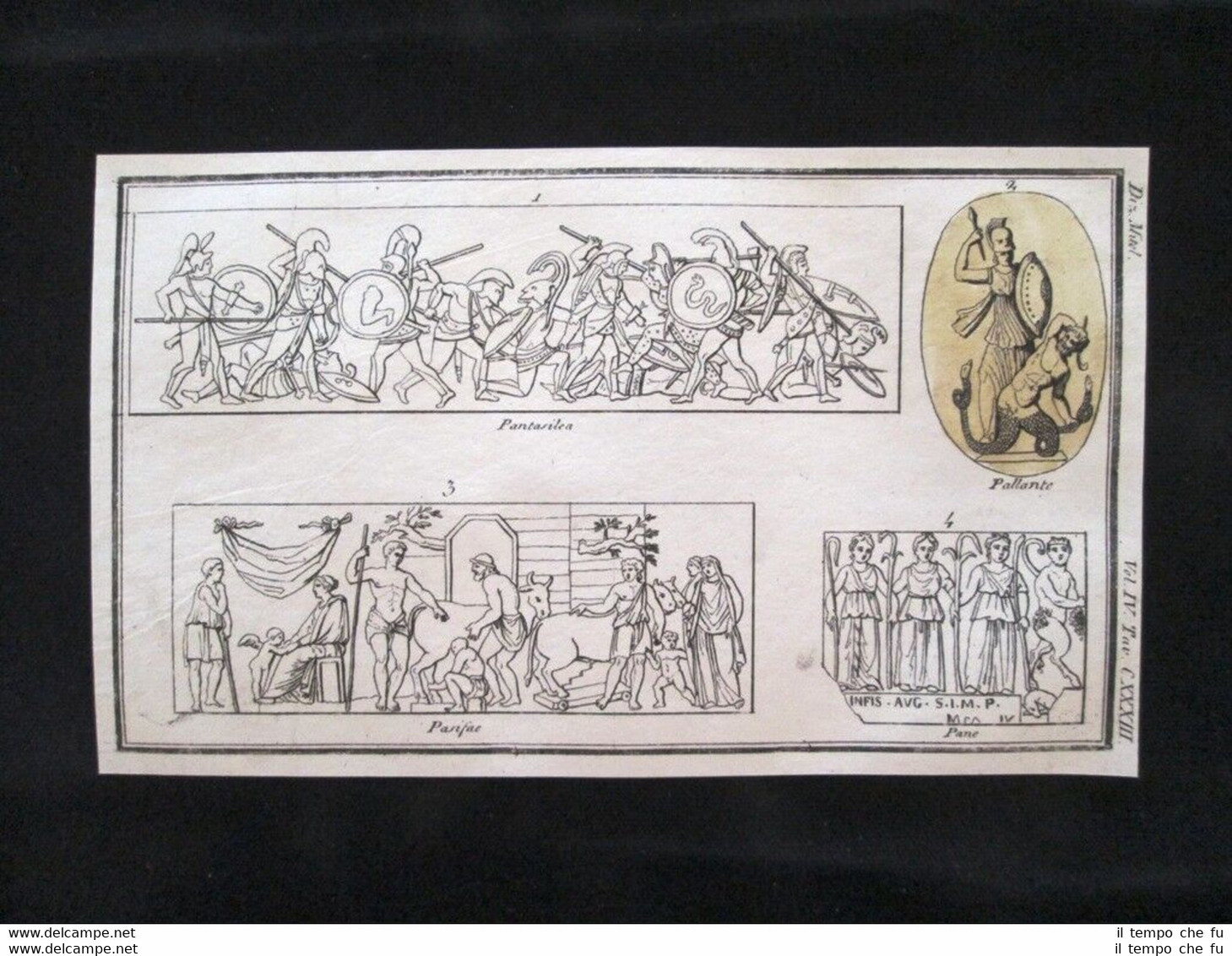 Pantasilea,Pallante,Pasifae Incisione colorata a mano del 1820 Mitologia Pozzoli