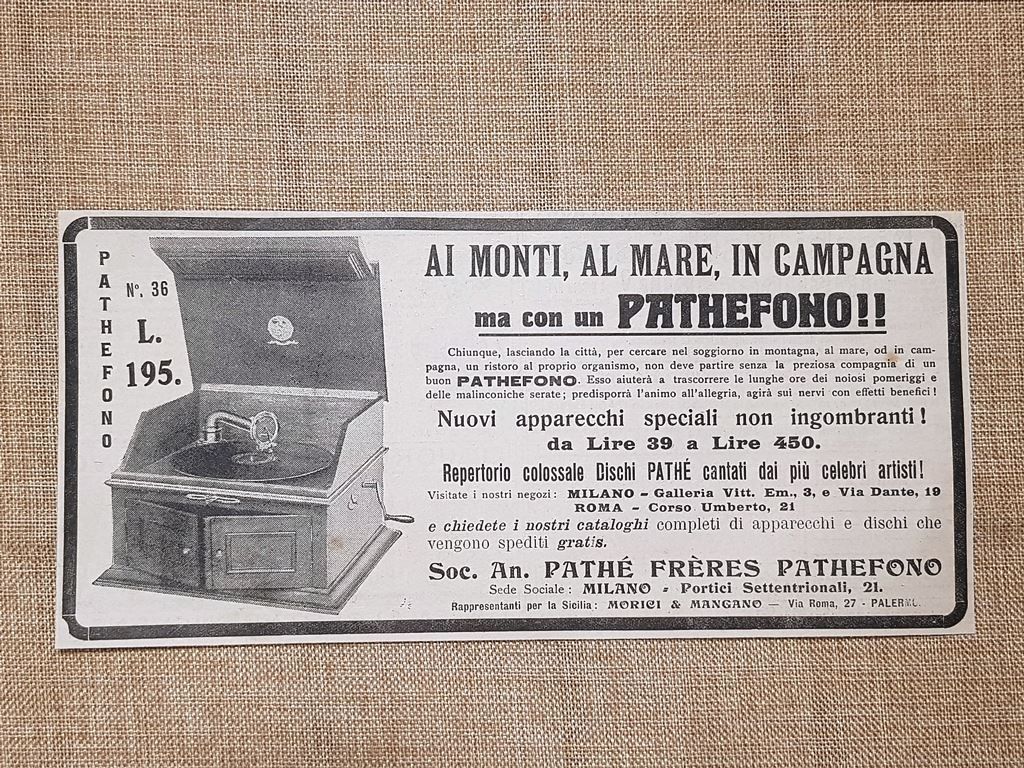 Pathefono Società Anonima Pathé Frères Milano Pubblicità del 1914