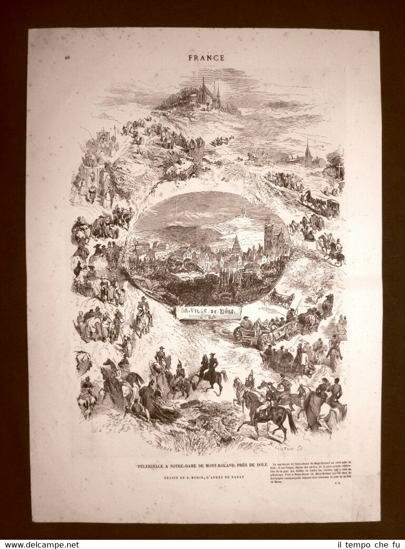 Pellegrinaggio Notre-Dame de Mont-Roland Dole e Chateau d'Olkrein Incisione 1865