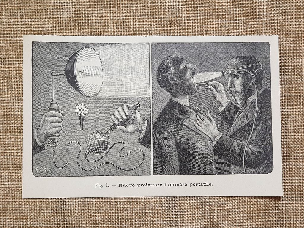 Proiettore luminoso portatile Invenzione Stampa del 1896
