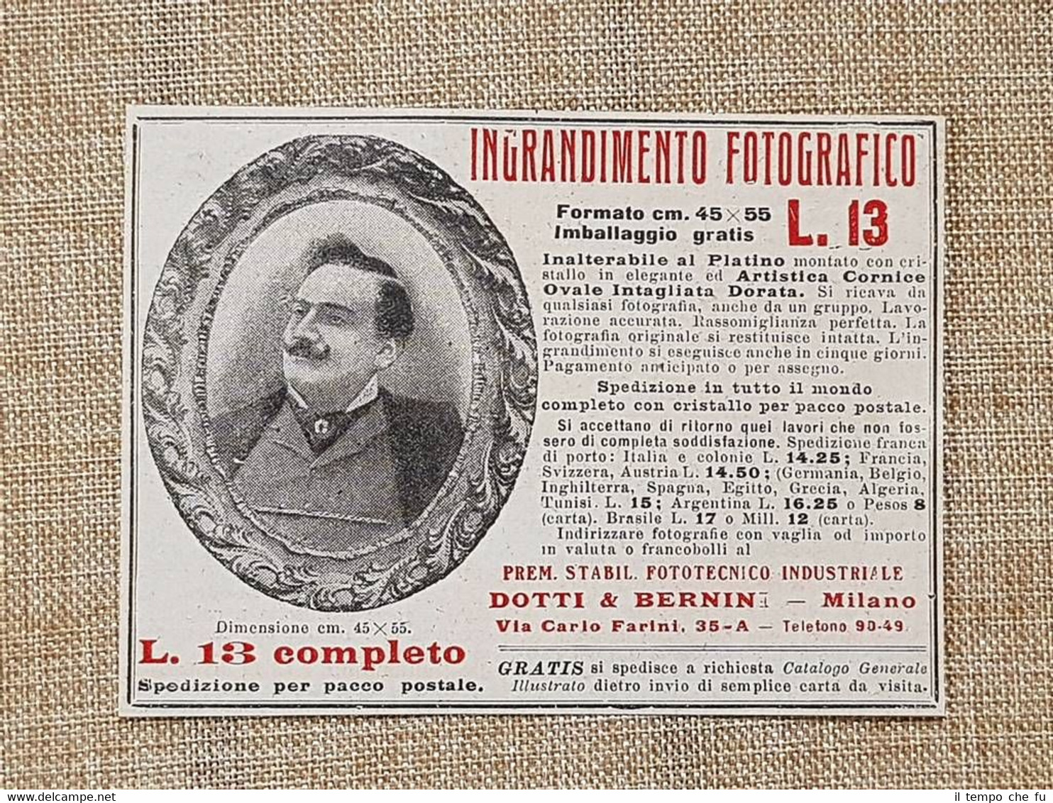 Pubblicità 1914 Ingrandimento fotografico Stabilimento Dotti Bernini Milano (1)