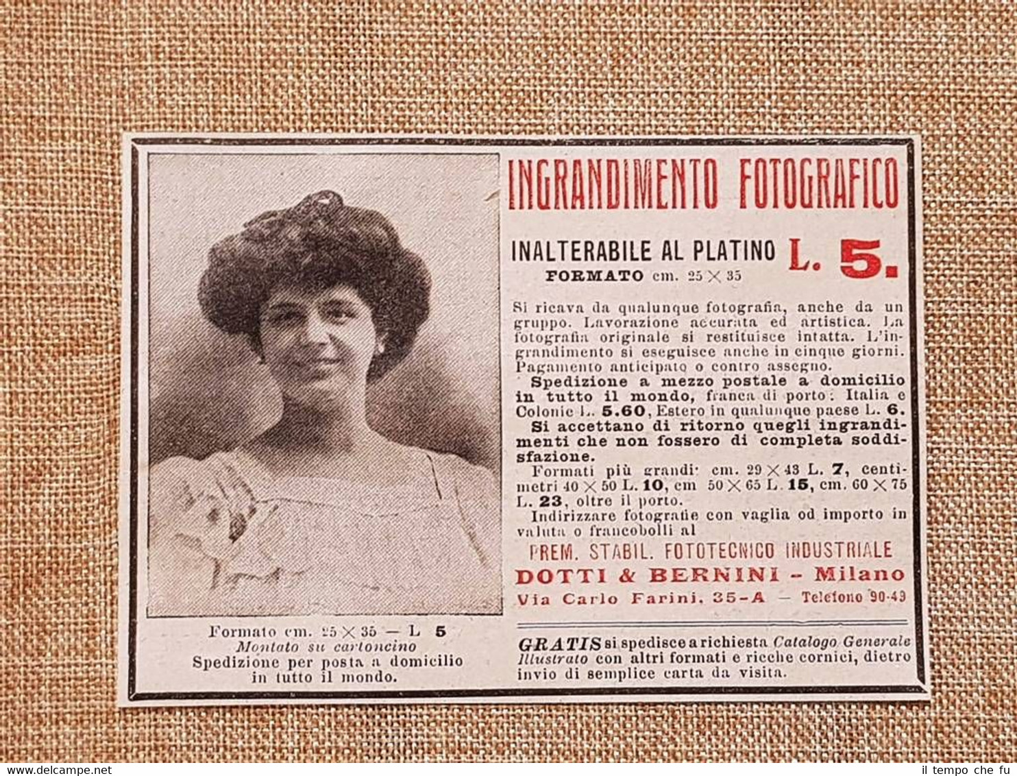 Pubblicità 1914 Ingrandimento fotografico Stabilimento Dotti Bernini Milano (2)