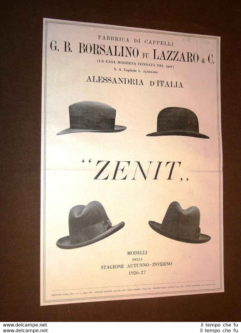 Pubblicità d'Epoca dei primi del 1900 Cappelli Zenit - Borsalino …