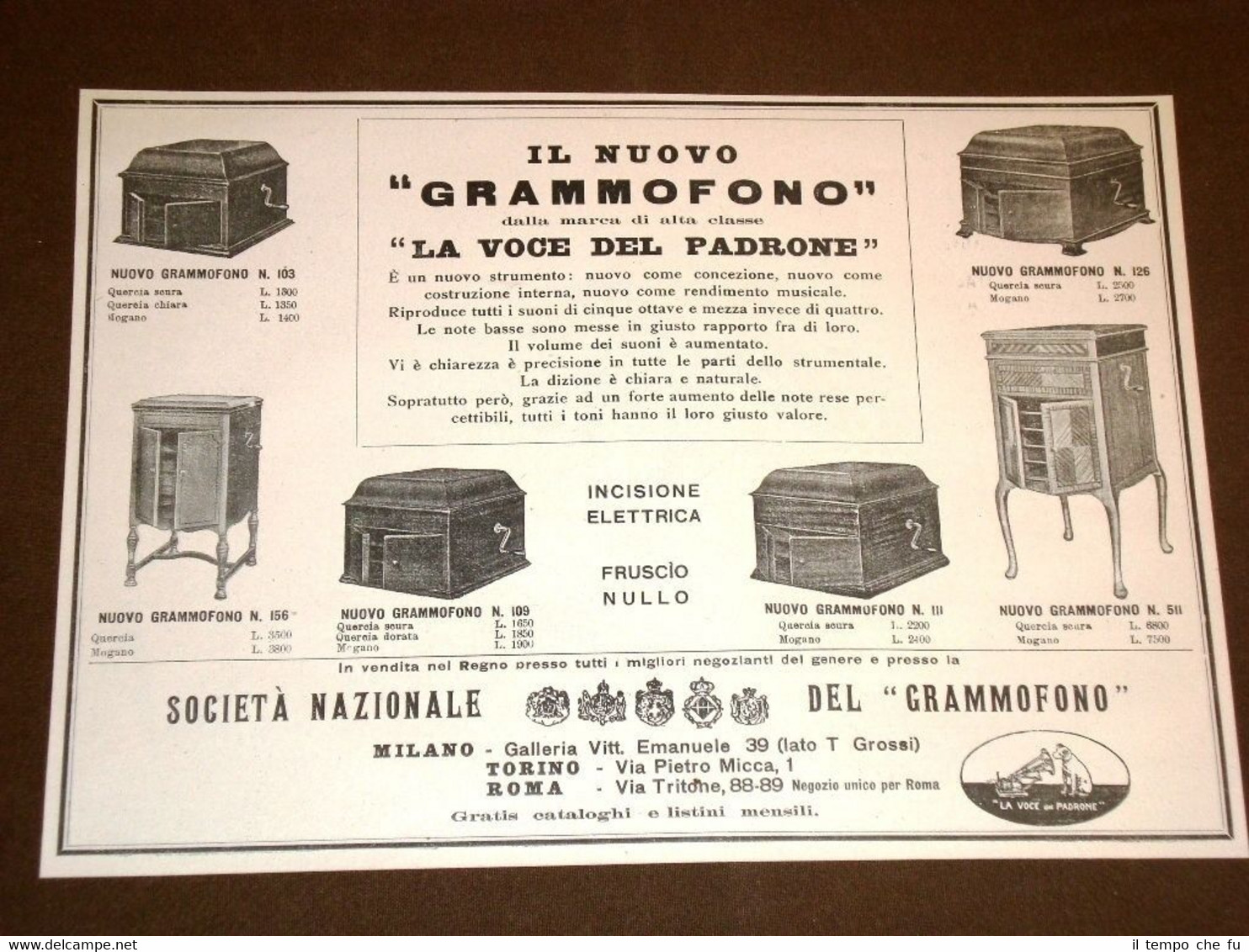 Pubblicità d'Epoca dei primi del 1900 Grammofono La Voce del …