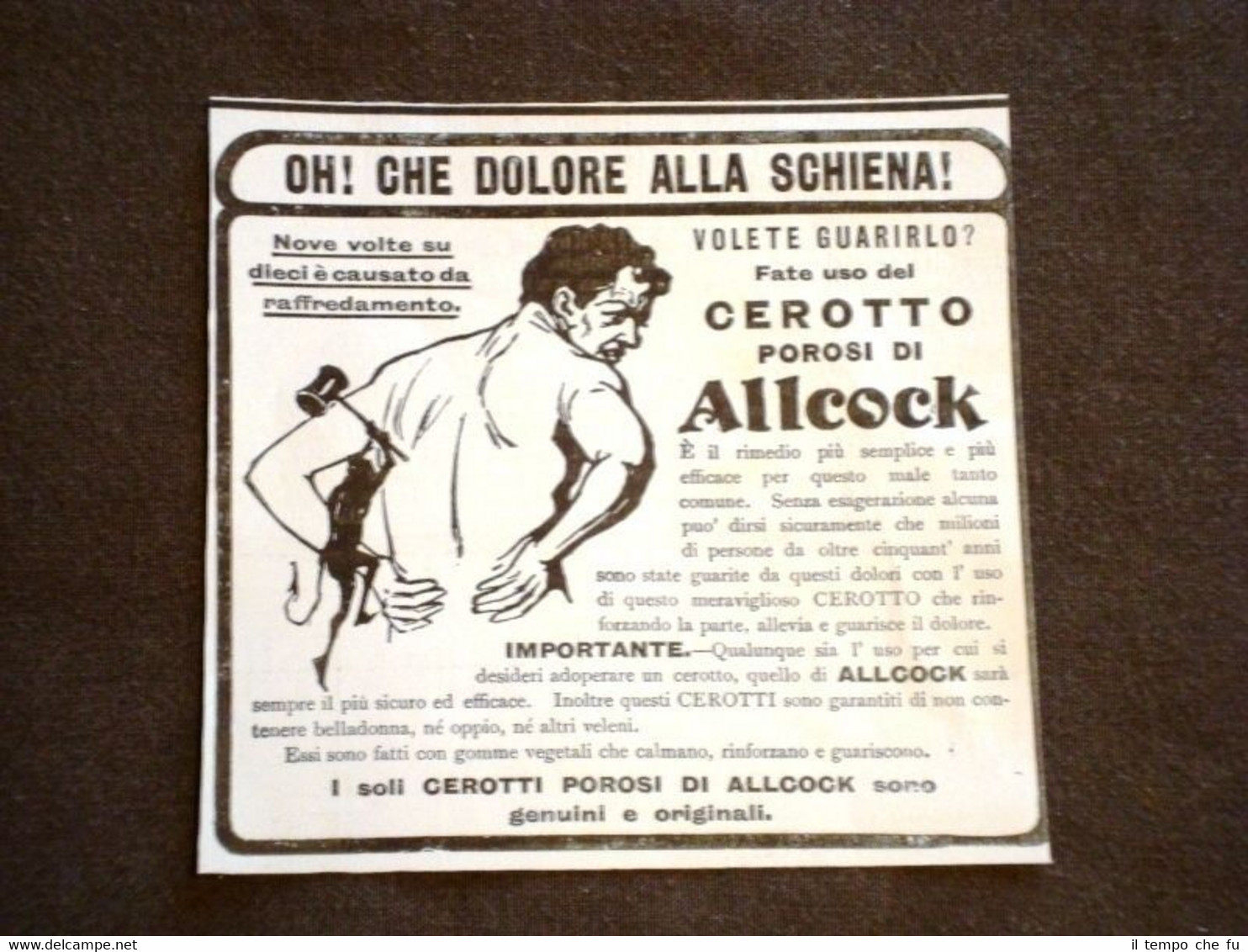 Pubblicità d'Epoca per Collezionisti Cerotto poroso di Allcock Dolore schiena