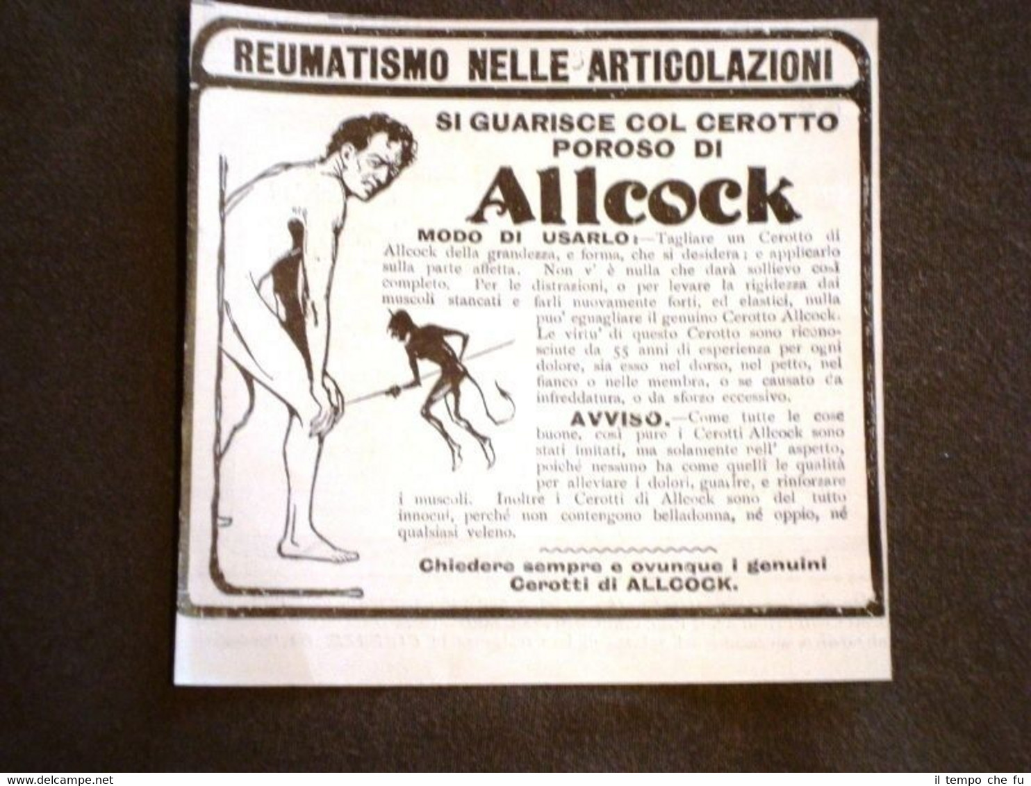 Pubblicità d'Epoca per Collezionisti Cerotto poroso di Allcock Reumatismo arti