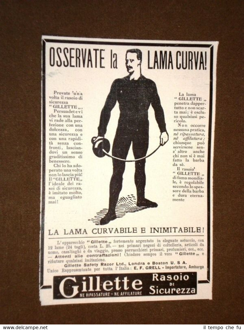 Pubblicità d'Epoca per Collezionisti del 1906 Rasoio Gillette Lama curva