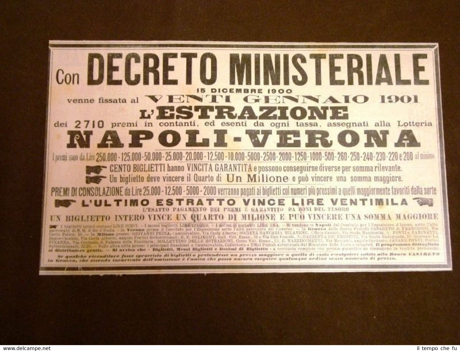 Pubblicità d'Epoca per Collezionisti La Lotteria Nazionale Napoli - Verona