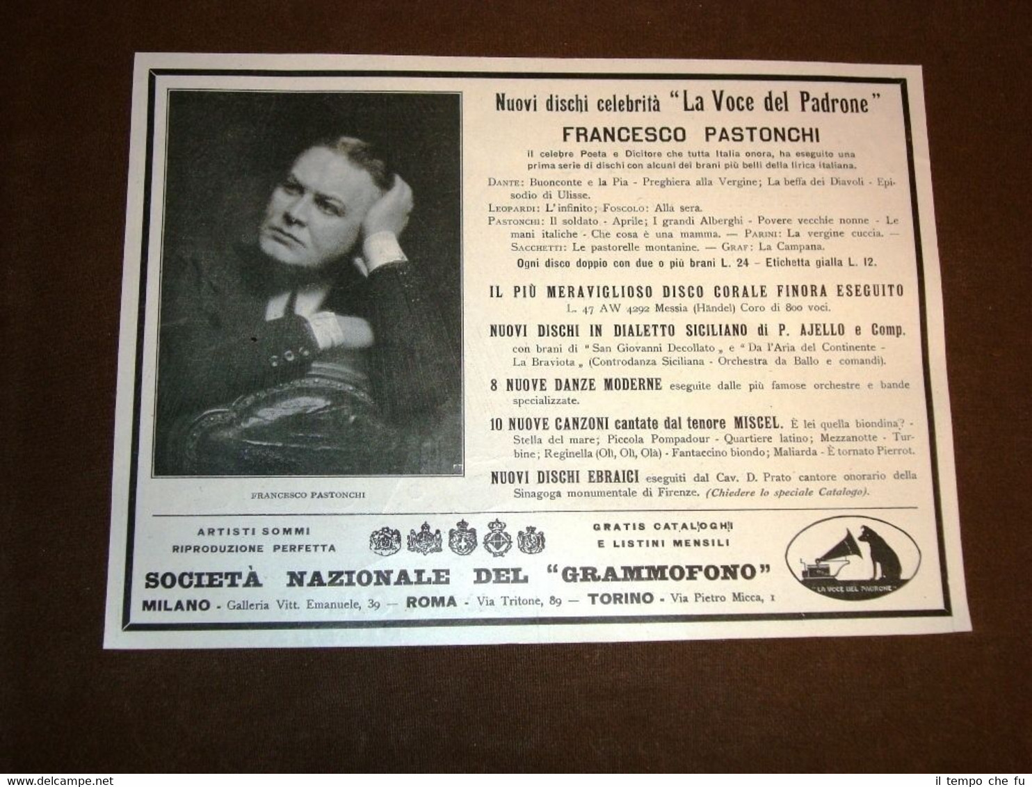 Pubblicità dei primi del '900 Società Nazionale Grammofono Francesco Pastonchi