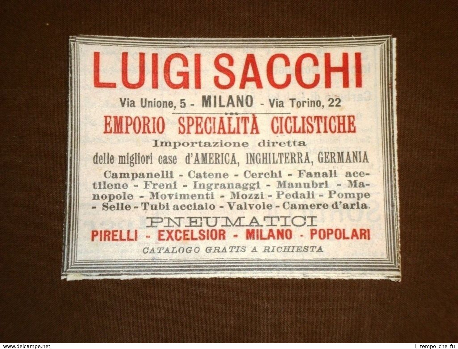 Pubblicità del 1901 Emporio specialità ciclistiche Luigi Sacchi Ciclismo