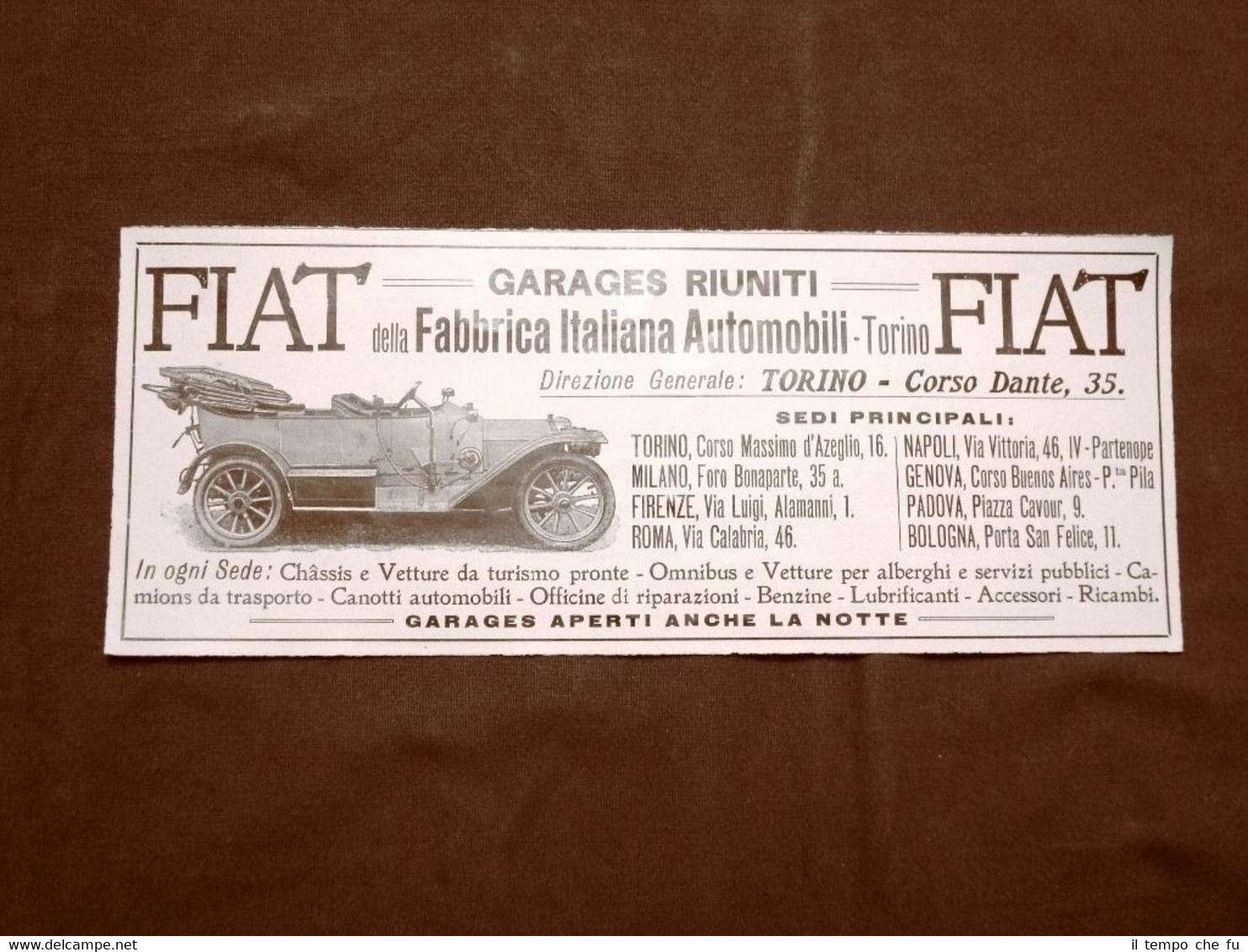 Pubblicità del 1910 FIAT Garages riuniti, Torino, Corso Dante n. …
