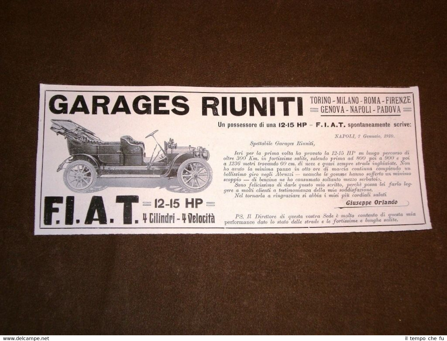 Pubblicità del 1910 Garages Riuniti Auto o automobile FIAT 12 …