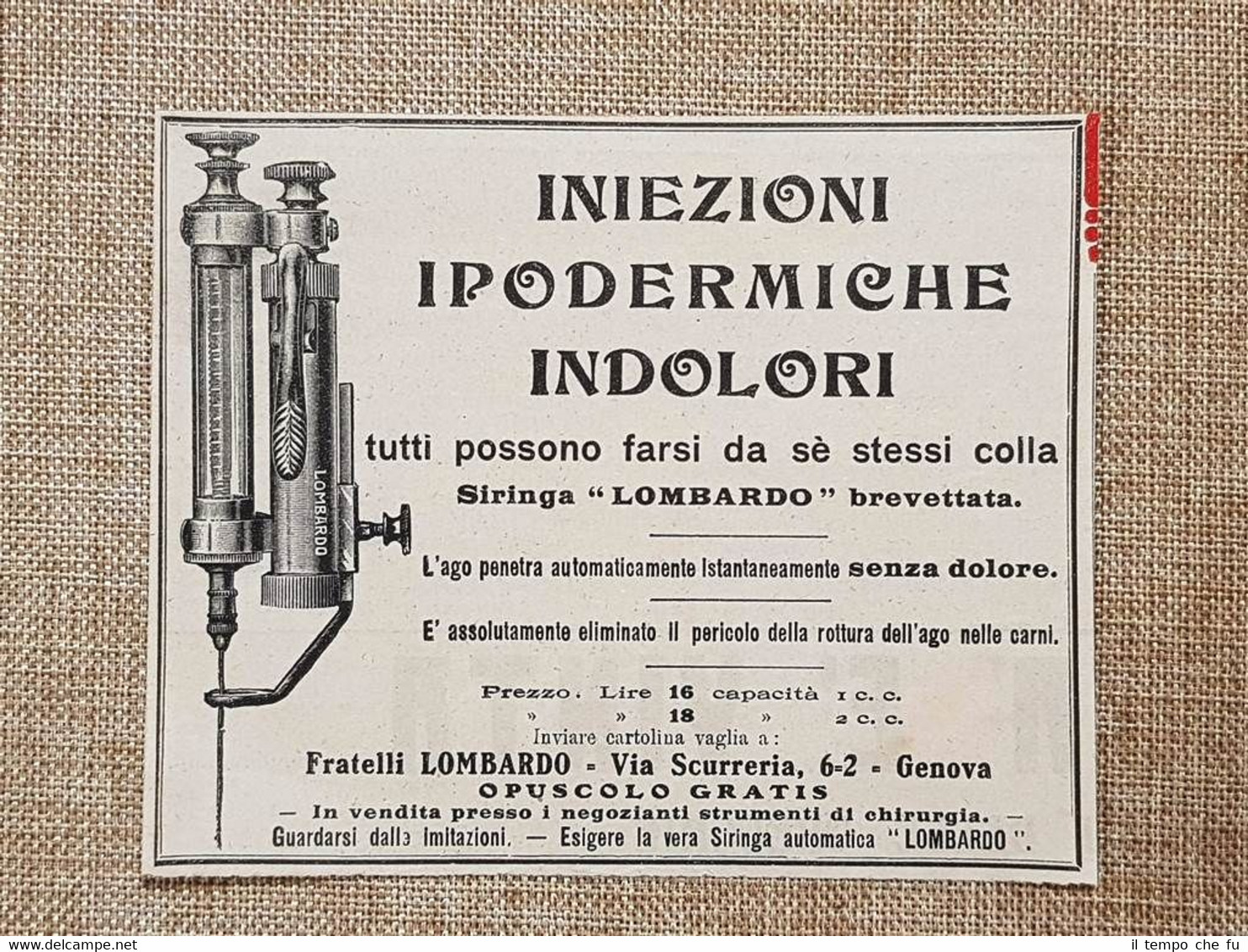 Pubblicità del 1914 Iniezioni ipodermiche indolori Siringa Lombardo Genova