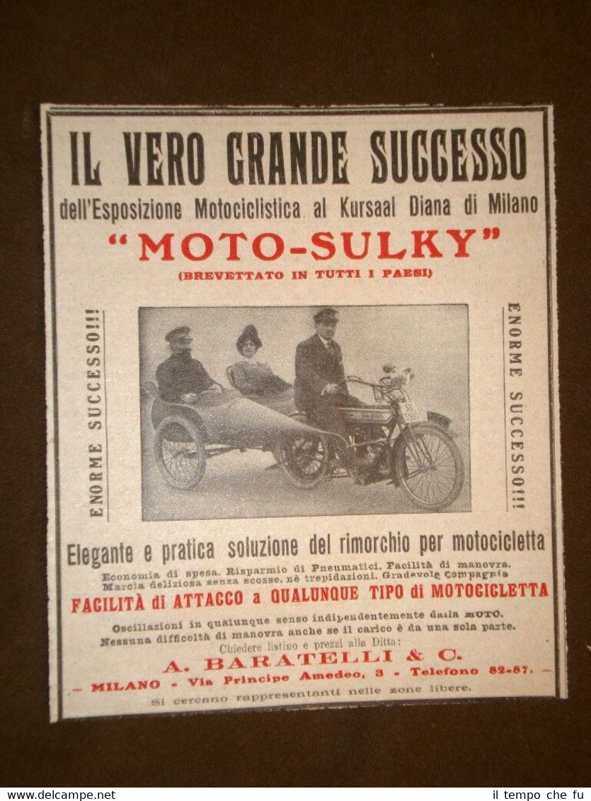 Pubblicità del 1914 Moto-Sulky Il rimorchio per motocicletta Baratelli Milano