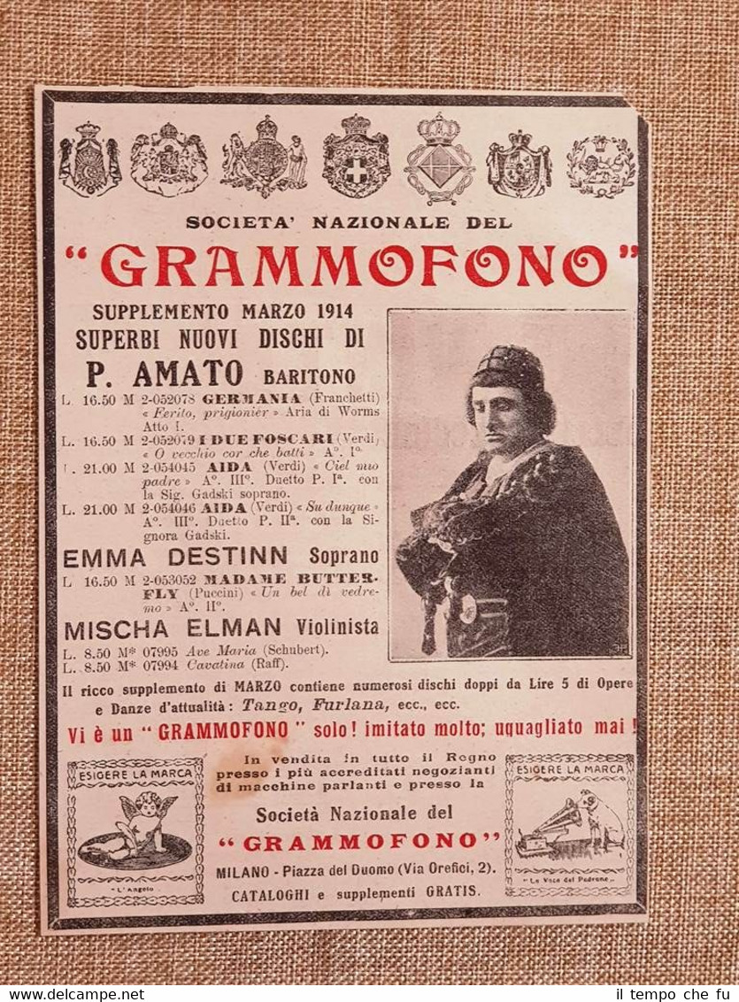 Pubblicità del 1914 Società Nazionale del Grammofono Dischi del Baritono …