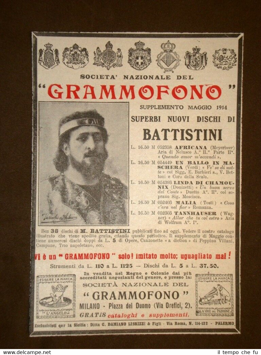 Pubblicità del 1914 Società Nazionale del grammofono Dischi di Battistini