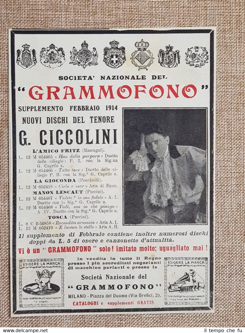 Pubblicità del 1914 Società Nazionale del grammofono Testimonial G. Ciccolini