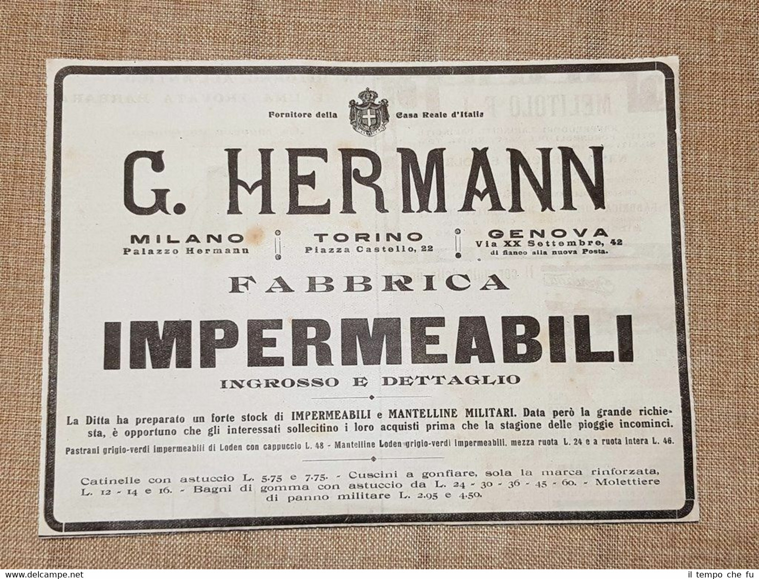 Pubblicità del 1916 Fabbrica impermeabili G. Hermann Milano Torino Genova