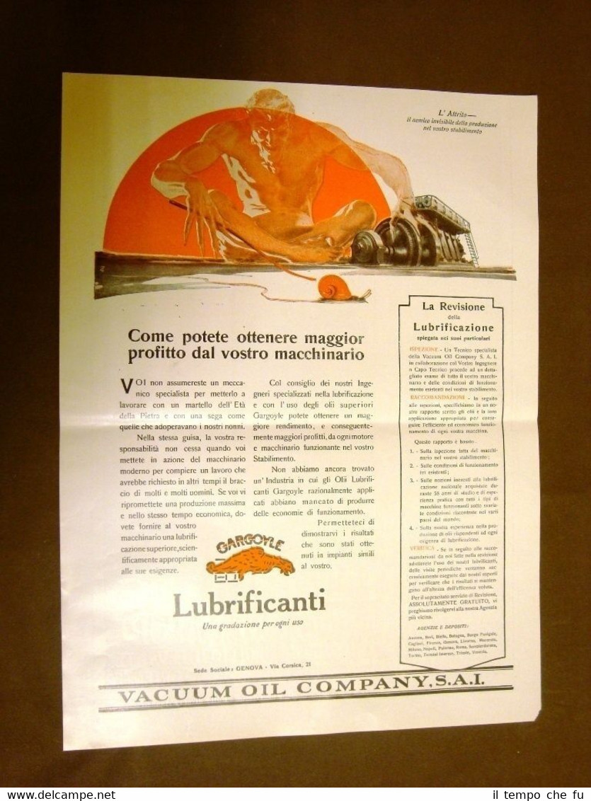Pubblicità del 1924 Lubrificanti Gargoyle Vacuum Oil Company SAI Profitto …