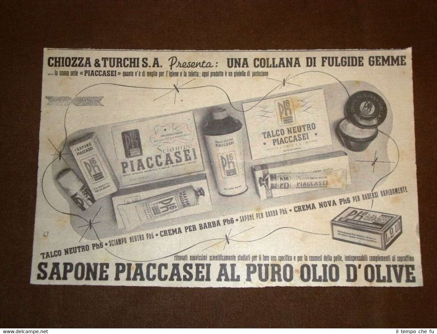 Pubblicità del 1940 Sapone piaccasei all'olio d'olive Chiozza & Turchi …