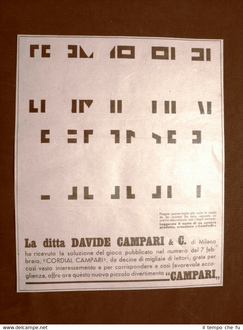 Pubblicità del 1945 Cordial Campari Soluzione del gioco Davide C. …