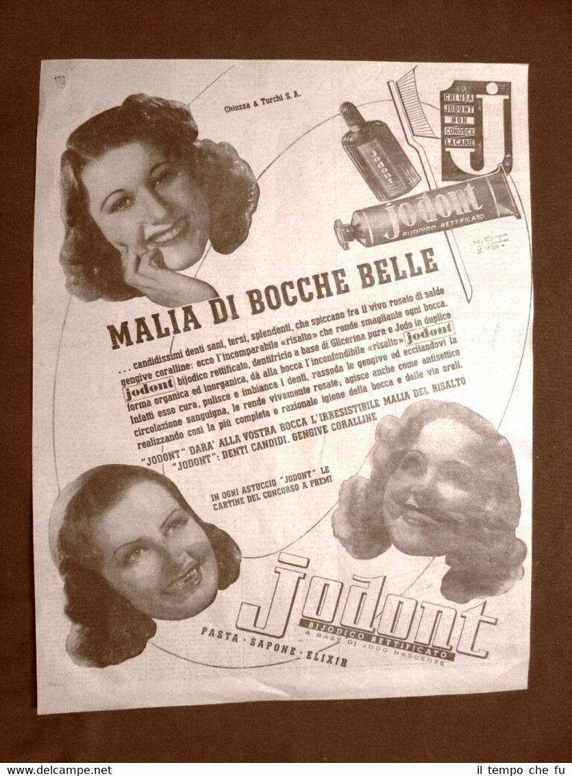 Pubblicità del 1945 Dentifricio Jodont Malia di bocche belle Chiozza …