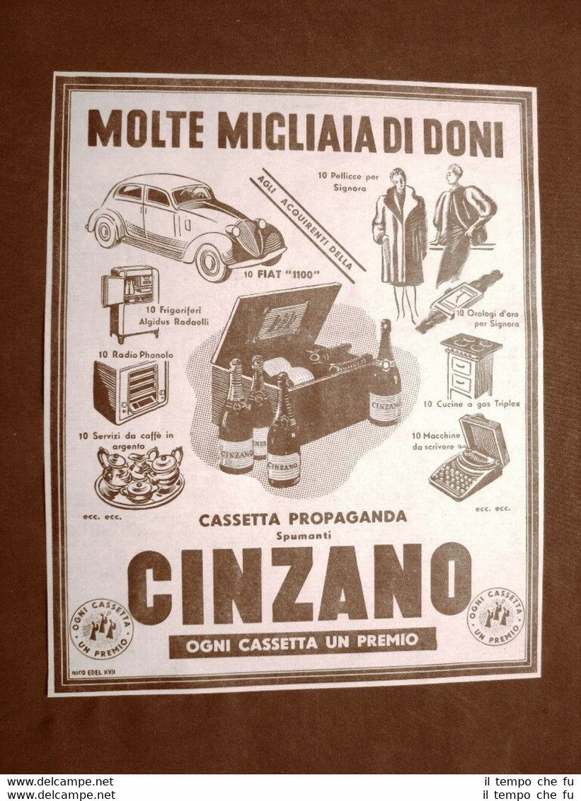 Pubblicità del 1945 Spumante Cinzano Cassetta Monte miglia di doni