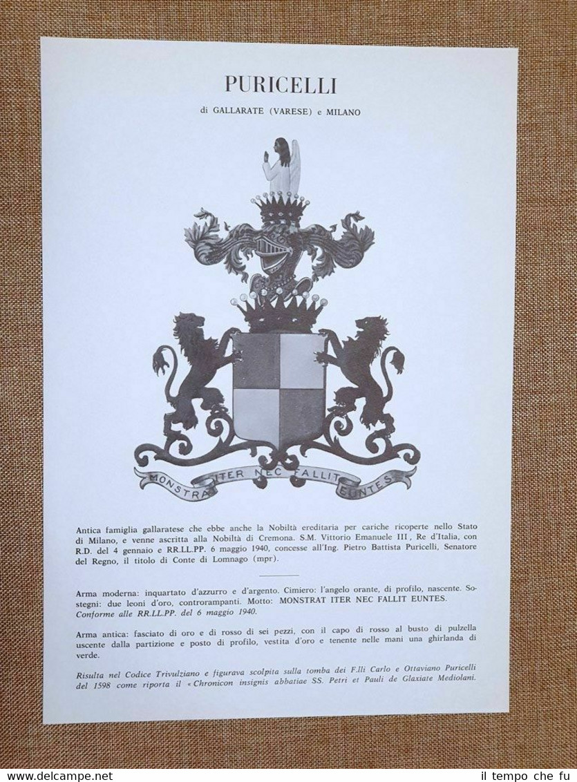 Puricelli di Gallarate (Varese) e Milano Stemma Famiglia Nobile Nobiltà …