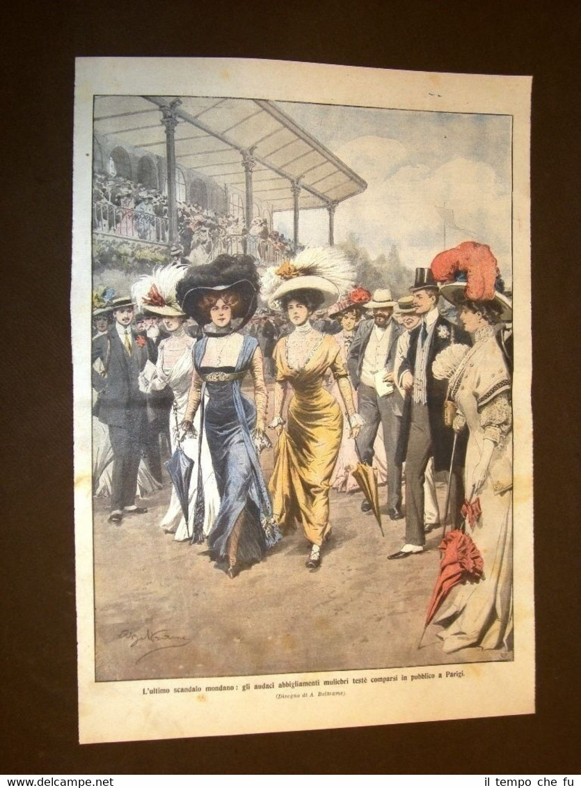 Retrocopertina Domenica del Corriere 1908 Parigi Scandalo mondano Abiti Muliebri