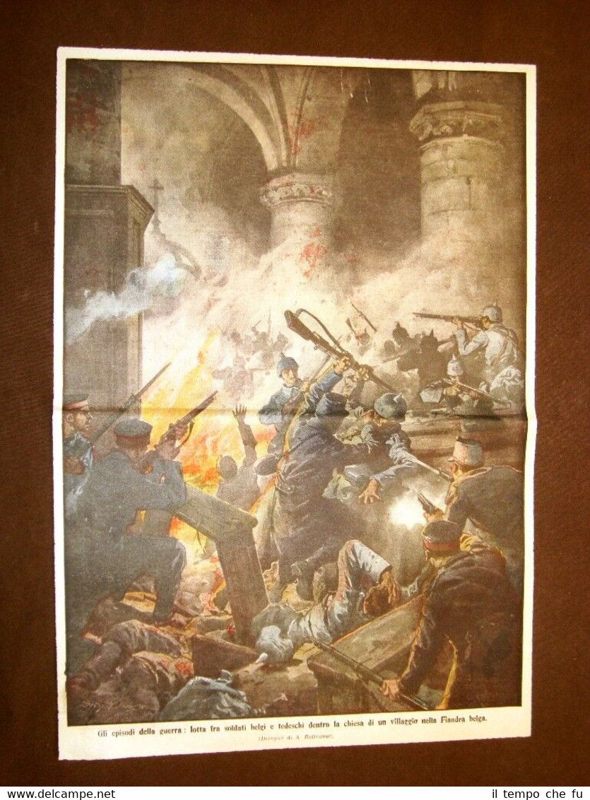 Retrocopertina Domenica del Corriere 1914 WW1 Soldati Belgio vs Germania …