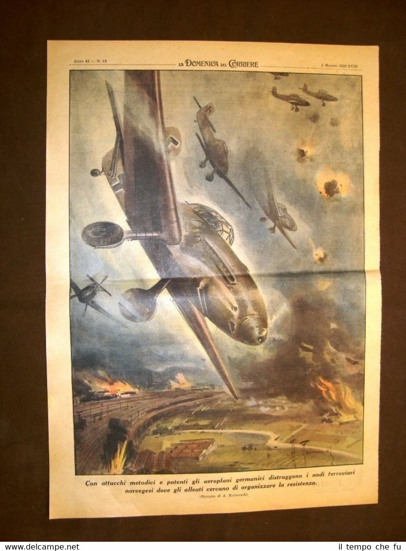 Retrocopertina Domenica del Corriere 1940 Tedeschi bombardano la Norvegia WW2