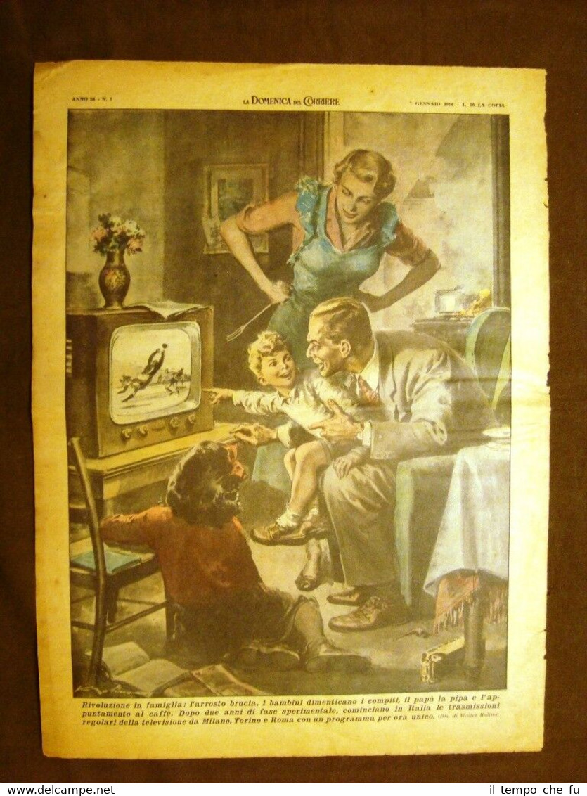Retrocopertina Domenica del Corriere 1954 Rivoluzione in famiglia La televisione