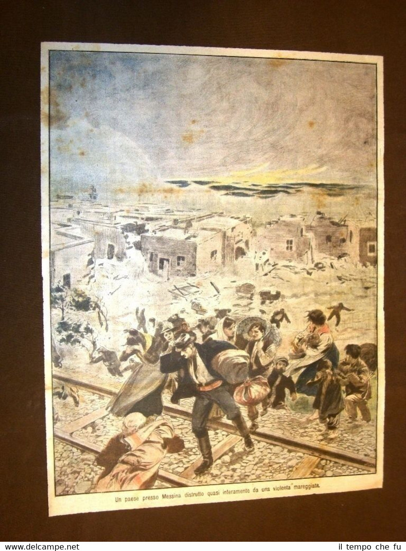 Retrocopertina Domenica del Corriere del 1906 Mareggiata presso Messina Sicilia