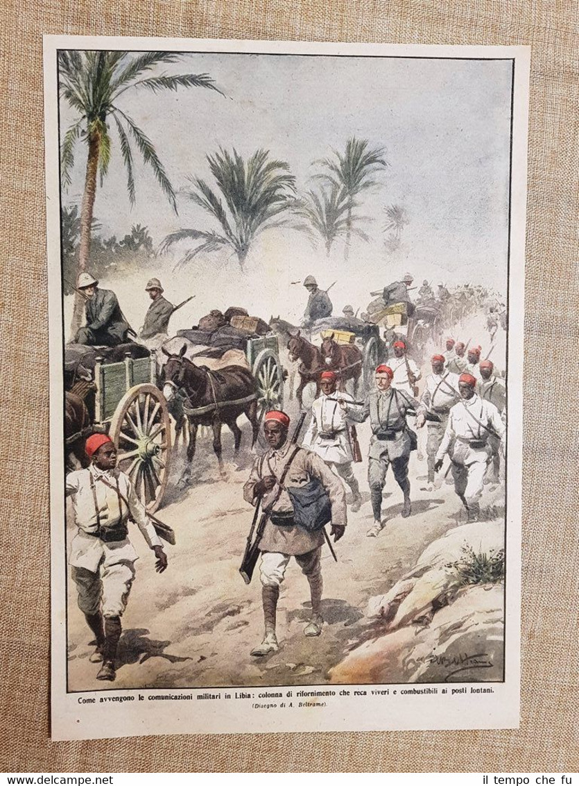 Retrocopertina La Domenica del Corriere 1914 Libia Colonna di rifornimento