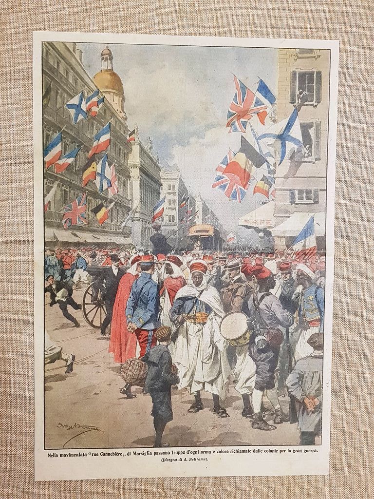 Retrocopertina La Domenica del Corriere del 1914 Marsiglia Cannebiere Truppe …