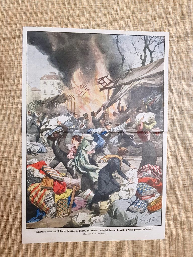 Retrocopertina La Domenica del Corriere del 1914 Torino Incendio Porta …