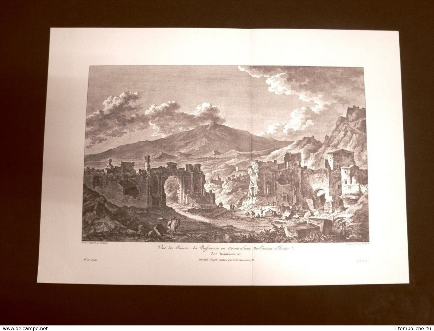 Rovine del proscenio del teatro di Taormina Sicilia Litografia Saint-Non