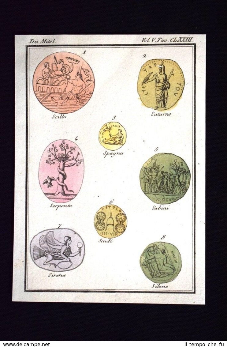 Scilla,Saturno,Spagna,Scudi Incisione colorata a mano del 1820 Mitologia Pozzoli