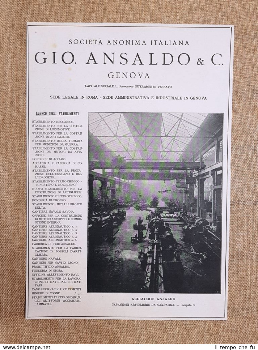 Società Anonima Italiana Ansaldo Genova Artiglieria da campagna Pubblicità 1918